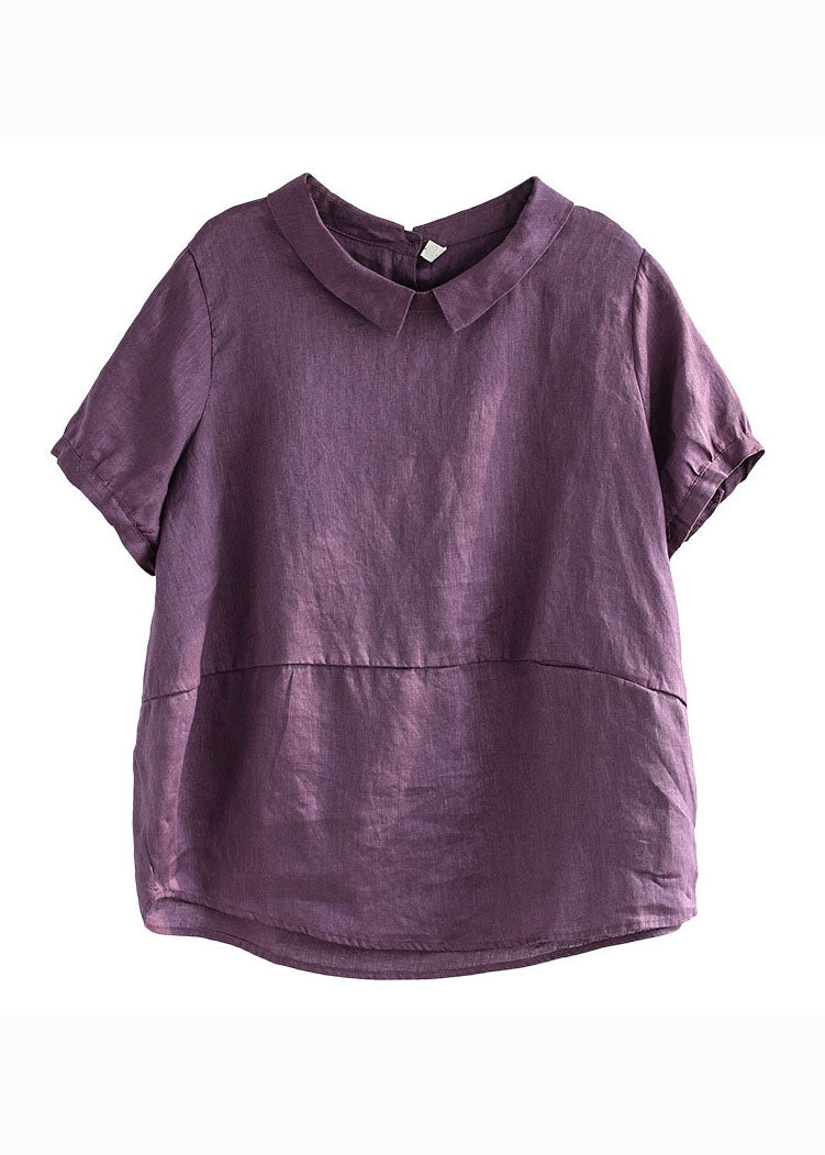 Unique Purple Peter Pan Collar Patchwork Linen T Shirts Summer Ada Fashion