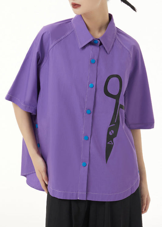 Unique Purple Peter Pan Collar Print Patchwork Cotton Shirt Short Sleeve Ada Fashion