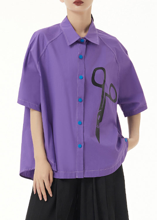 Unique Purple Peter Pan Collar Print Patchwork Cotton Shirt Short Sleeve Ada Fashion