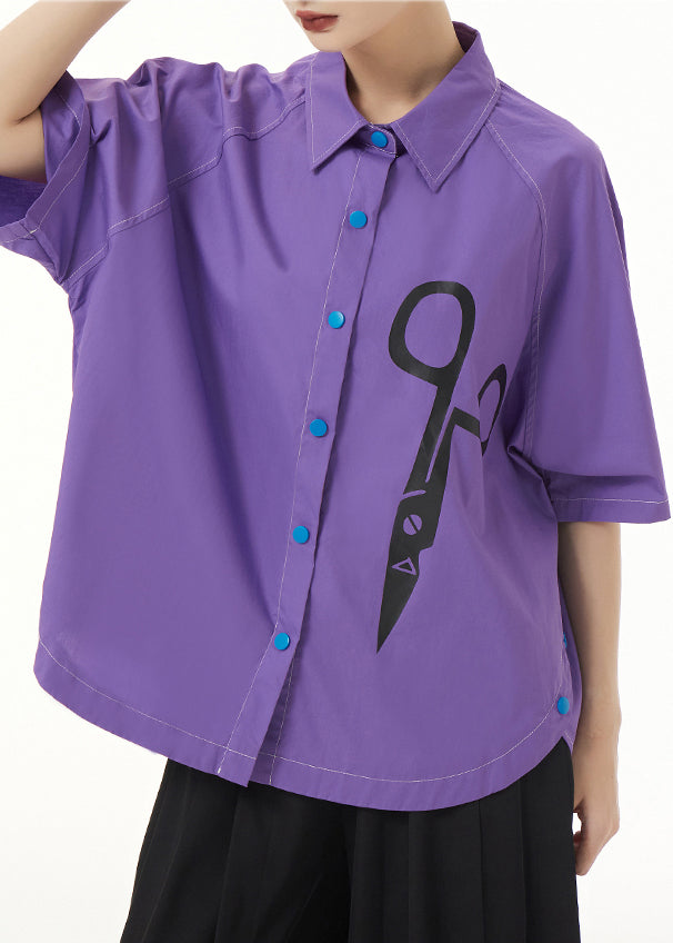 Unique Purple Peter Pan Collar Print Patchwork Cotton Shirt Short Sleeve Ada Fashion