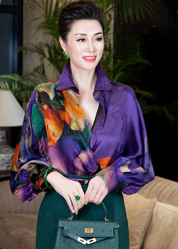 Unique Purple Peter Pan Collar Tie Dye Button Silk Shirts Fall Ada Fashion