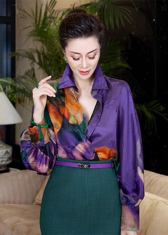 Unique Purple Peter Pan Collar Tie Dye Button Silk Shirts Fall Ada Fashion