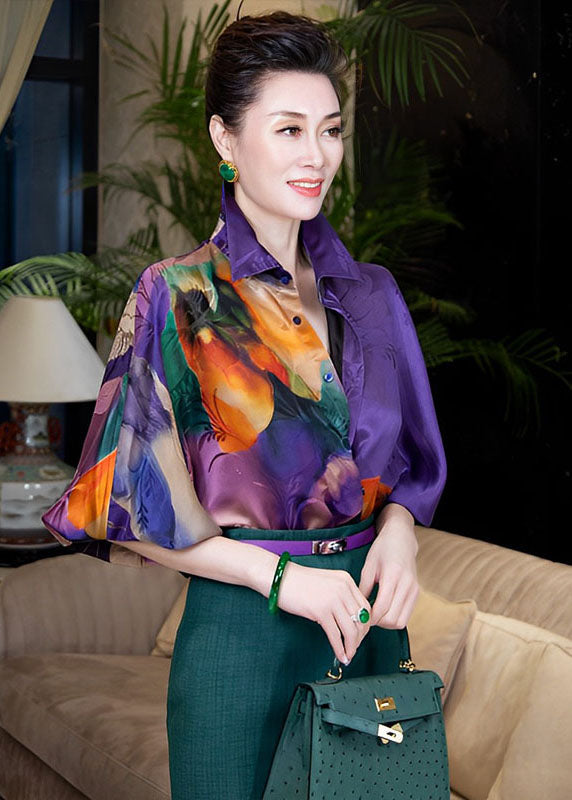 Unique Purple Peter Pan Collar Tie Dye Button Silk Shirts Fall Ada Fashion