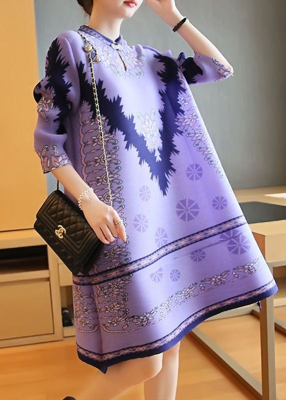 Unique Purple Stand Collar Print Party Dress Half Sleeve LY1459 - fabuloryshop