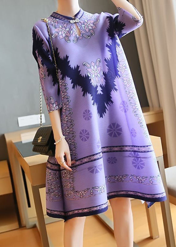 Unique Purple Stand Collar Print Party Dress Half Sleeve LY1459 - fabuloryshop