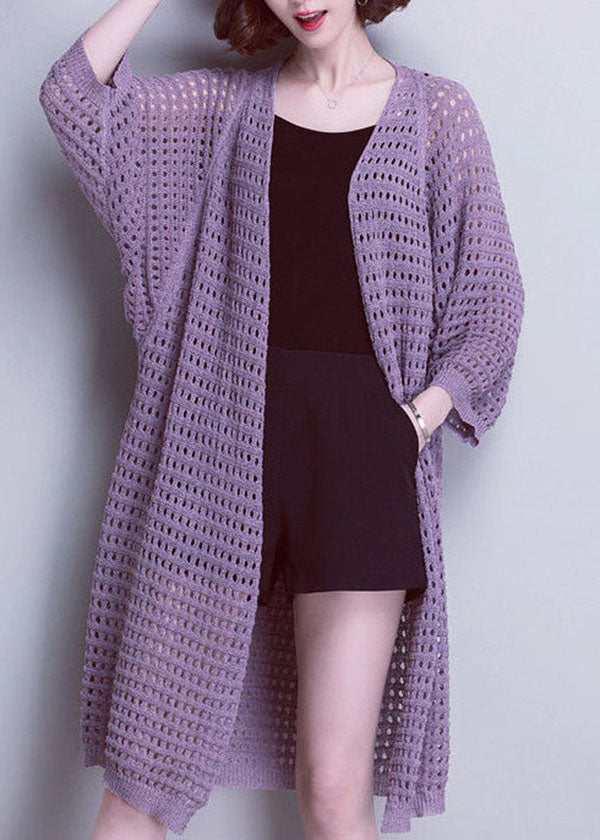 Unique Purple V Neck Hollow Out Patchwork Knit Cardigans Summer Ada Fashion