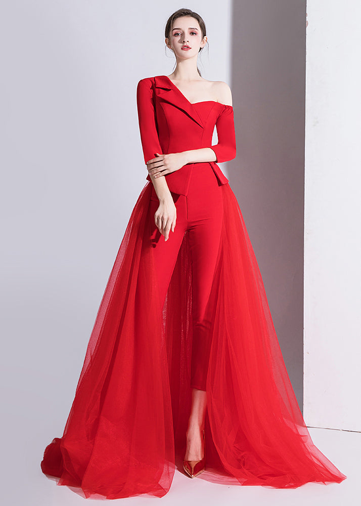 Unique Red Asymmetric Off Shoulder Design Tulle Patchwork Set Autumn Ada Fashion
