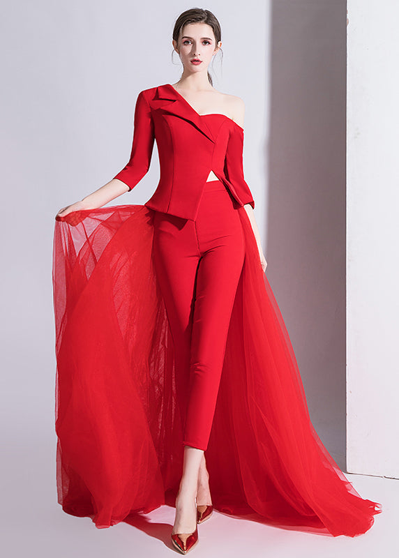 Unique Red Asymmetric Off Shoulder Design Tulle Patchwork Set Autumn Ada Fashion