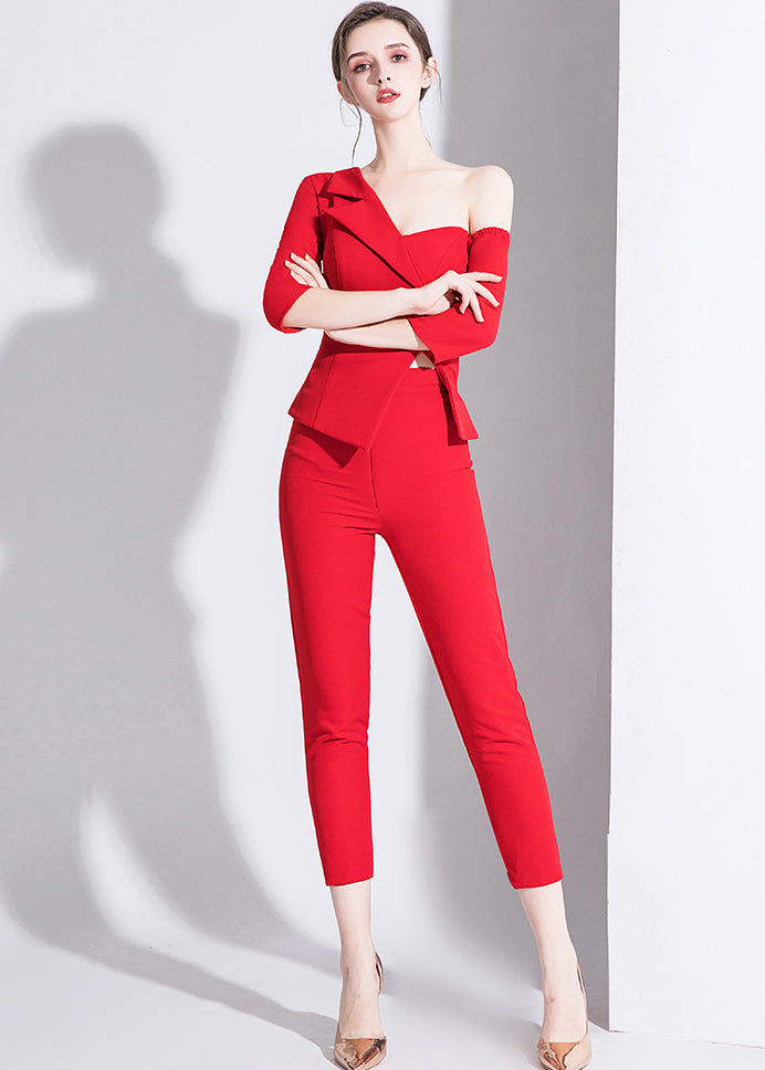 Unique Red Asymmetric Off Shoulder Design Tulle Patchwork Set Autumn Ada Fashion