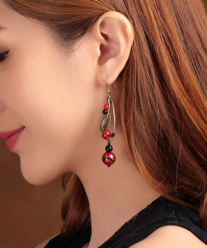 Unique Red Coloured Glaze Black Agate Gem Stone Leaf Drop Earrings LY2047 - fabuloryshop