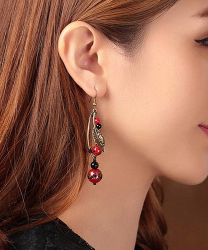 Unique Red Coloured Glaze Black Agate Gem Stone Leaf Drop Earrings LY2047 - fabuloryshop