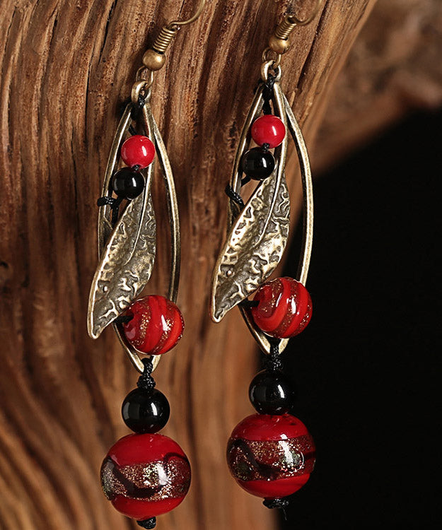 Unique Red Coloured Glaze Black Agate Gem Stone Leaf Drop Earrings LY2047 - fabuloryshop