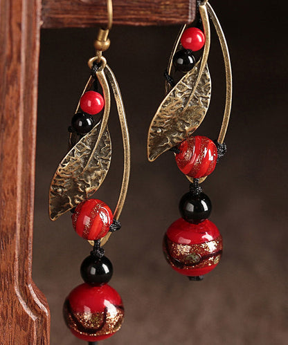 Unique Red Coloured Glaze Black Agate Gem Stone Leaf Drop Earrings LY2047 - fabuloryshop