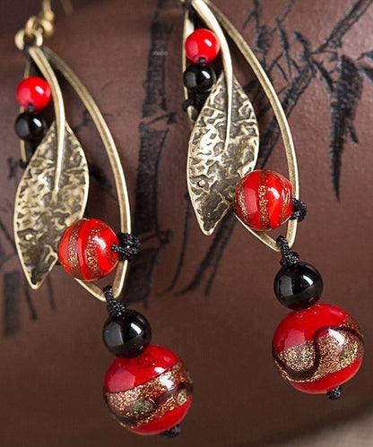 Unique Red Coloured Glaze Black Agate Gem Stone Leaf Drop Earrings LY2047 - fabuloryshop