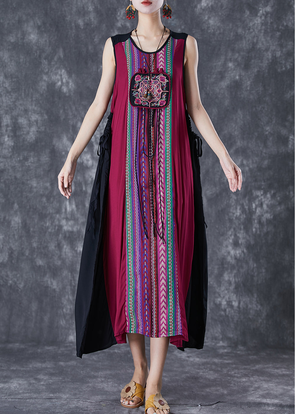 Unique Red Embroideried Patchwork Tasseled Linen Dress Sleeveless LY7079 - fabuloryshop