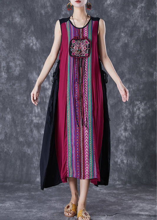Unique Red Embroideried Patchwork Tasseled Linen Dress Sleeveless LY7079 - fabuloryshop