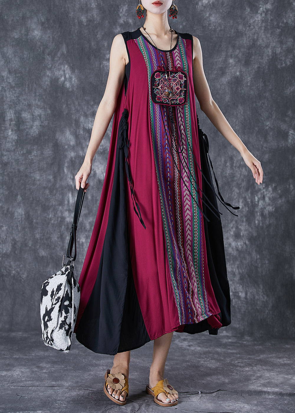 Unique Red Embroideried Patchwork Tasseled Linen Dress Sleeveless LY7079 - fabuloryshop
