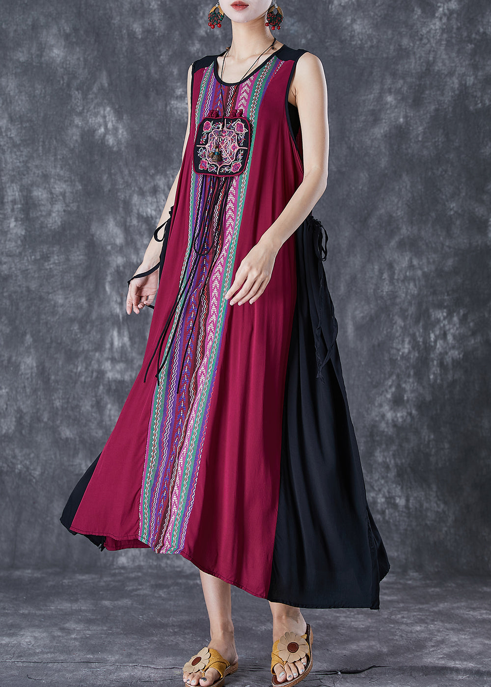 Unique Red Embroideried Patchwork Tasseled Linen Dress Sleeveless LY7079 - fabuloryshop