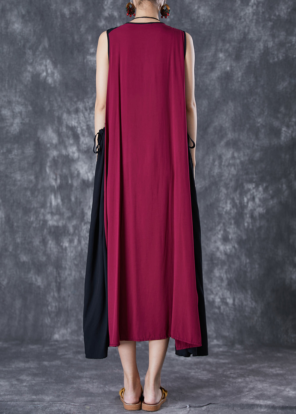 Unique Red Embroideried Patchwork Tasseled Linen Dress Sleeveless LY7079 - fabuloryshop
