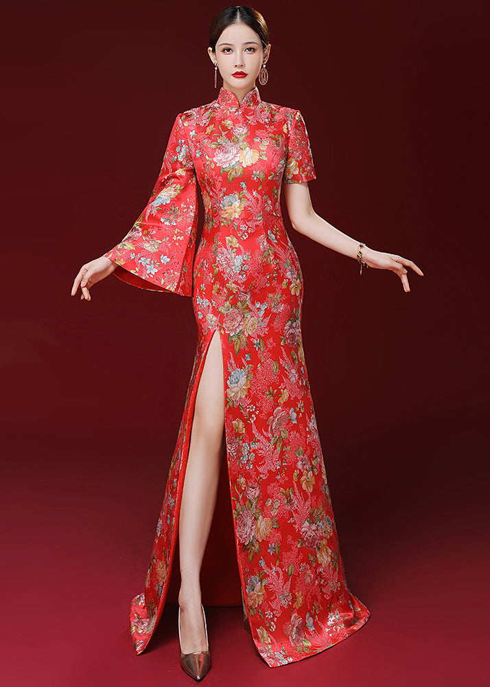 Unique Red Embroideried Side Open Patchwork Silk Dresses Fall Ada Fashion