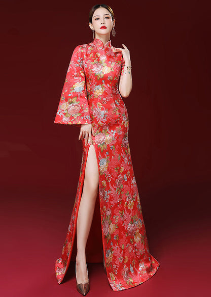 Unique Red Embroideried Side Open Patchwork Silk Dresses Fall Ada Fashion