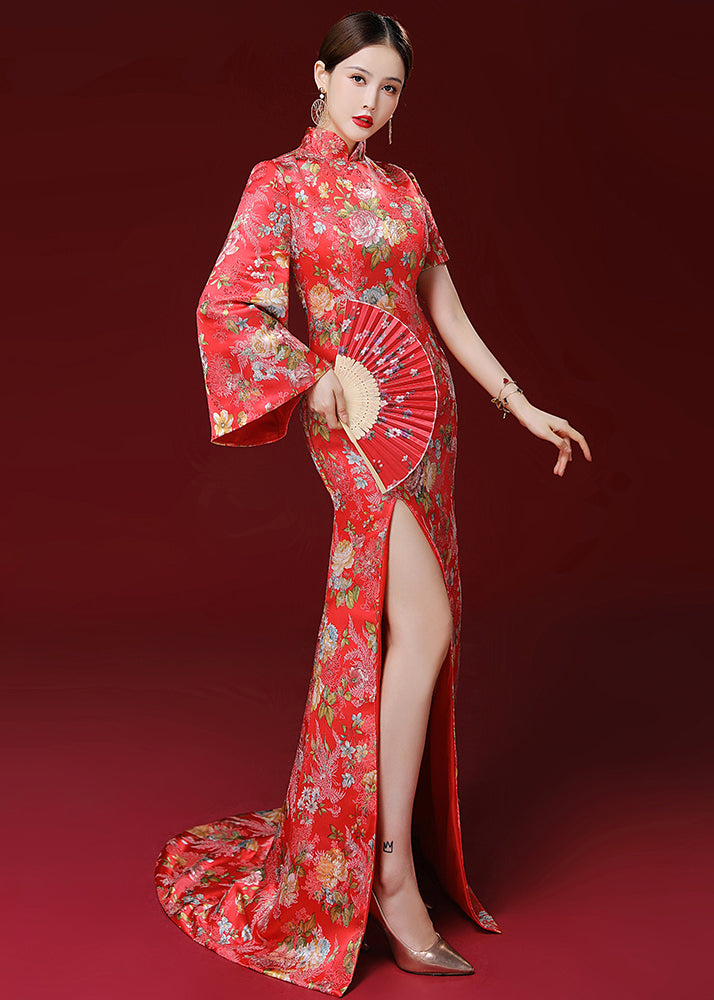 Unique Red Embroideried Side Open Patchwork Silk Dresses Fall Ada Fashion