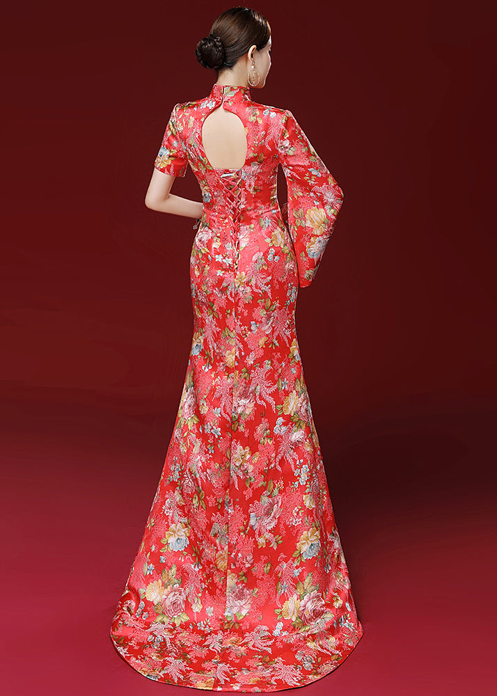 Unique Red Embroideried Side Open Patchwork Silk Dresses Fall Ada Fashion