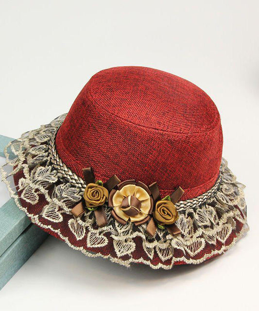 Unique Red Lace Patchwork Floral Linen Bucket Hat LY540