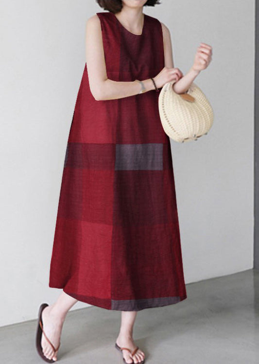 Unique Red O-Neck Plaid Maxi Dress Sleeveless LC0005 - fabuloryshop