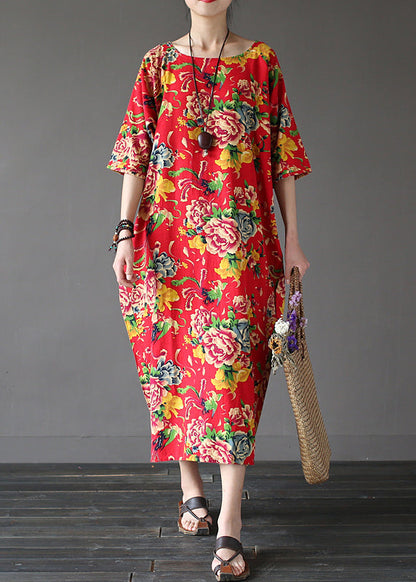 Unique Red O-Neck Print Holiday Cozy Maxi Dress Summer LY2595 - fabuloryshop