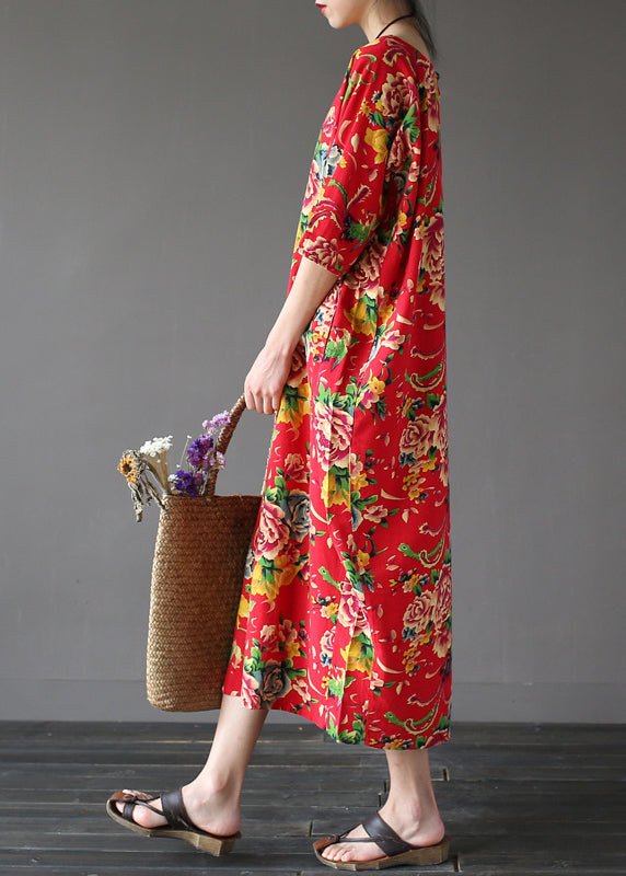 Unique Red O-Neck Print Holiday Cozy Maxi Dress Summer LY2595 - fabuloryshop