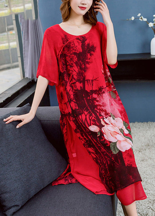 Unique Red O Neck Print Side Open Patchwork Chiffon Dress Summer Ada Fashion