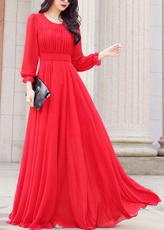 Unique Red O-Neck Slim Solid Chiffon Maxi Dress Spring LY1712 - fabuloryshop