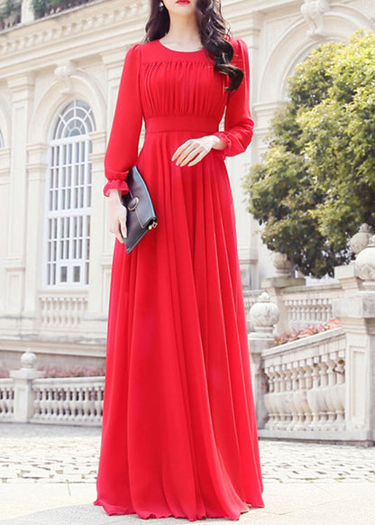 Unique Red O-Neck Slim Solid Chiffon Maxi Dress Spring LY1712 - fabuloryshop