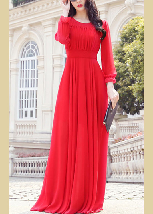 Unique Red O-Neck Slim Solid Chiffon Maxi Dress Spring LY1712 - fabuloryshop