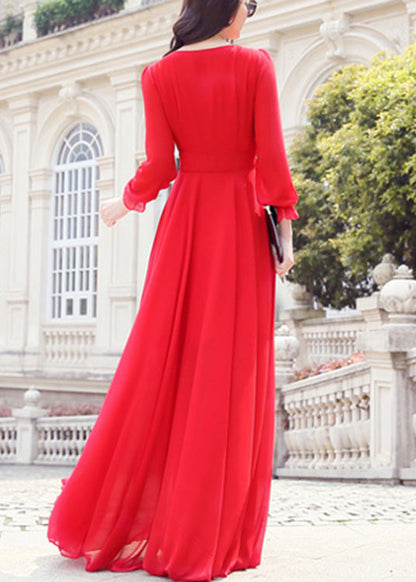 Unique Red O-Neck Slim Solid Chiffon Maxi Dress Spring LY1712 - fabuloryshop