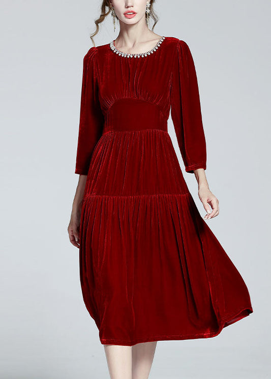 Unique Red O Neck Zircon Patchwork Silk Velour Dresses Spring LY0108 - fabuloryshop