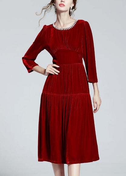 Unique Red O Neck Zircon Patchwork Silk Velour Dresses Spring LY0108 - fabuloryshop