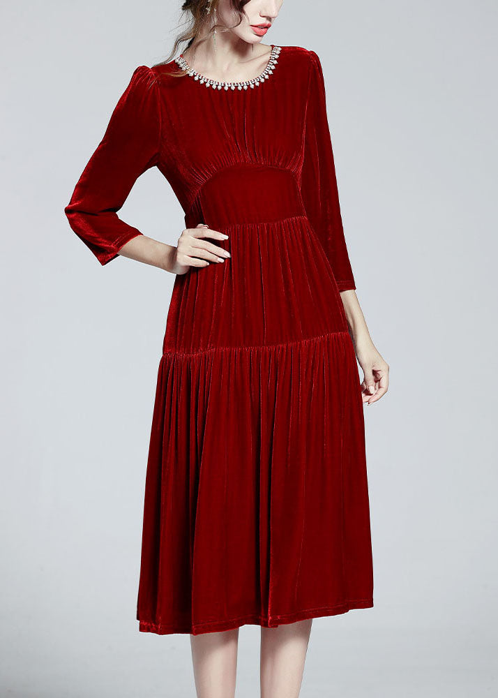 Unique Red O Neck Zircon Patchwork Silk Velour Dresses Spring LY0108 - fabuloryshop