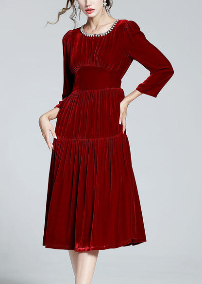 Unique Red O Neck Zircon Patchwork Silk Velour Dresses Spring LY0108 - fabuloryshop