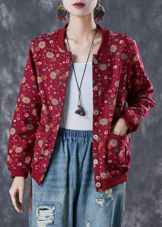 Unique Red Oversized Print Warm Fleece Jackets Winter Ada Fashion