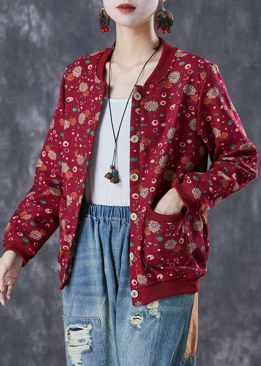 Unique Red Oversized Print Warm Fleece Jackets Winter Ada Fashion