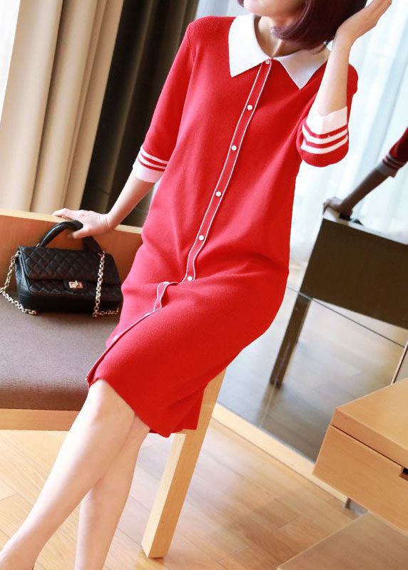 Unique Red Peter Pan Collar Button Knit Dresses Half Sleeve LY1446 - fabuloryshop