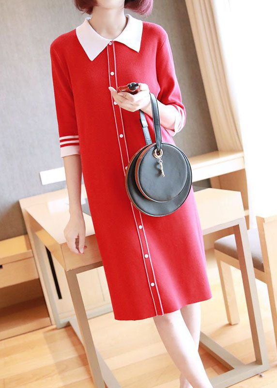 Unique Red Peter Pan Collar Button Knit Dresses Half Sleeve LY1446 - fabuloryshop