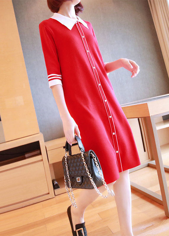 Unique Red Peter Pan Collar Button Knit Dresses Half Sleeve LY1446 - fabuloryshop