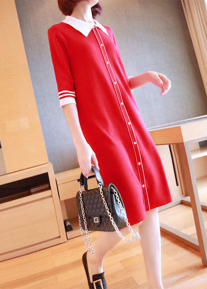 Unique Red Peter Pan Collar Button Knit Dresses Half Sleeve LY1446 - fabuloryshop