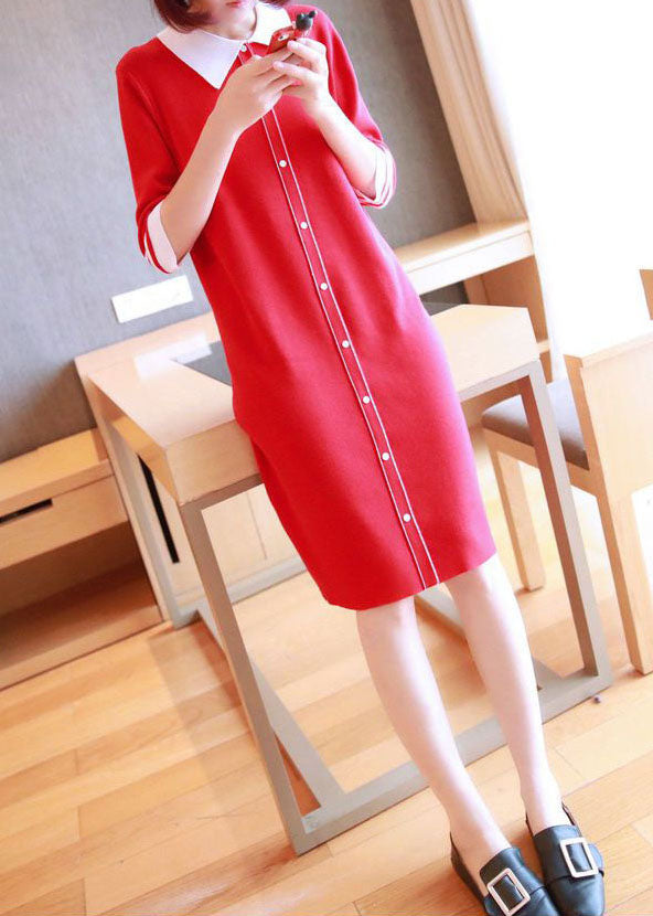 Unique Red Peter Pan Collar Button Knit Dresses Half Sleeve LY1446 - fabuloryshop