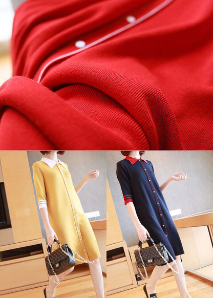 Unique Red Peter Pan Collar Button Knit Dresses Half Sleeve LY1446 - fabuloryshop