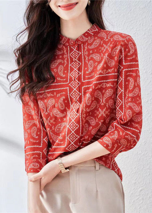 Unique Red Stand Collar Print Patchwork Silk Top Bracelet Sleeve TP1013