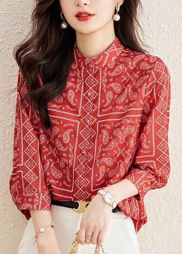 Unique Red Stand Collar Print Patchwork Silk Top Bracelet Sleeve TP1013 - fabuloryshop